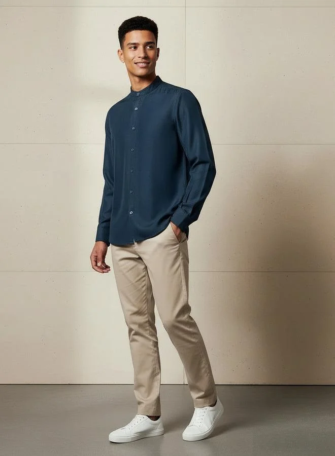 سبلاش فيڤ Men Regular Fit Mandarin Collar Long Sleeves Linen Look Shirt